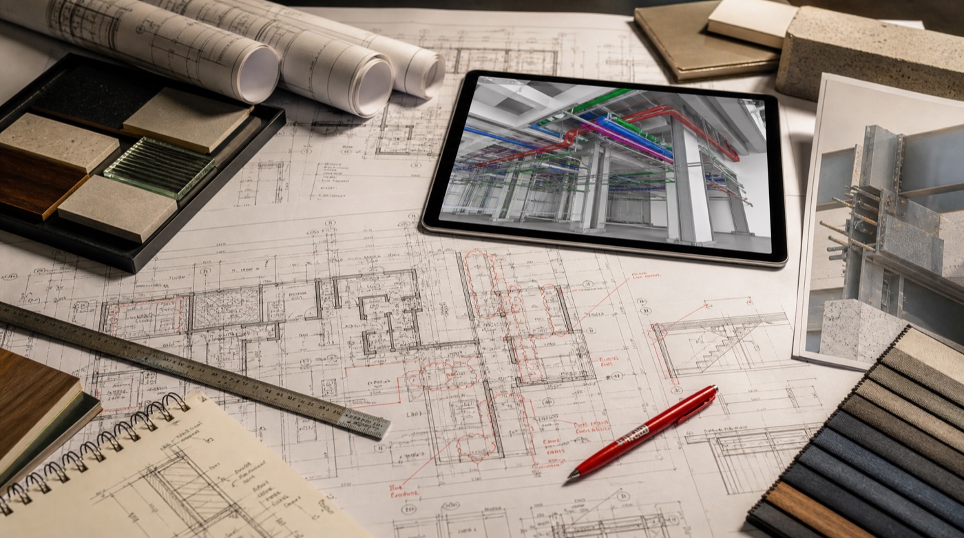 Construction documentation review with drawings and BIM model